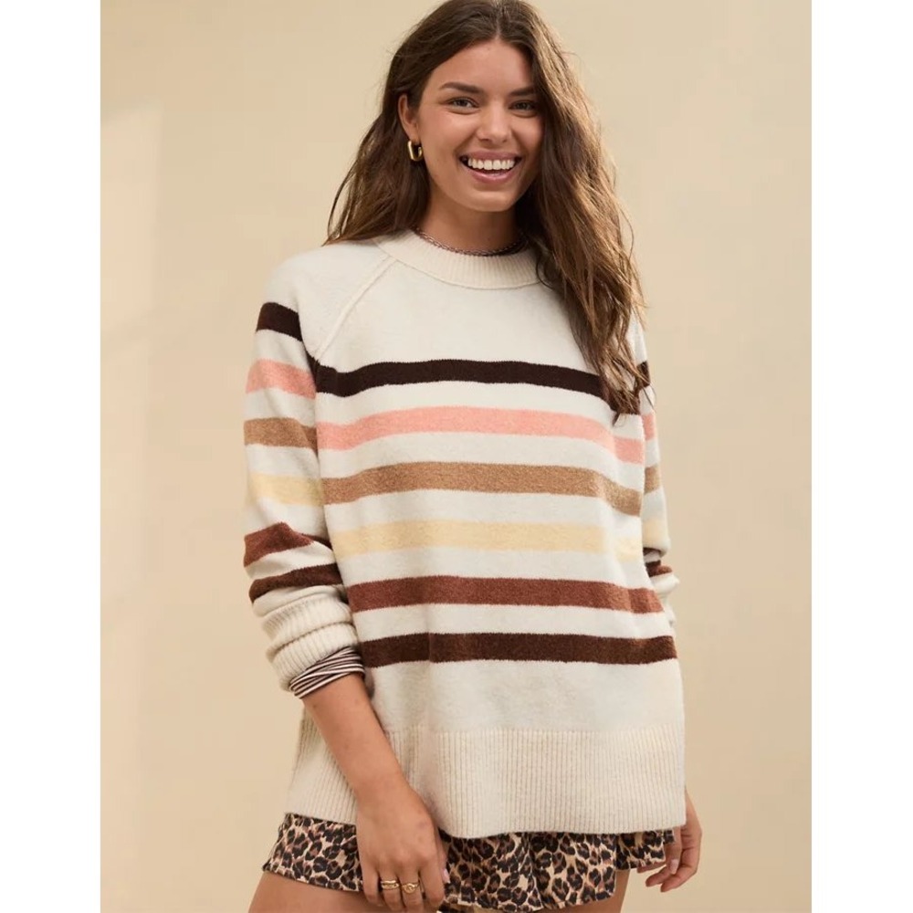Aerie unREAL Crew Sweater In Koko Brown Stripe Size Medium Oversized Cozy Knit